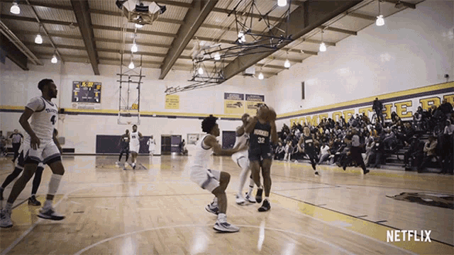 a basketball game is being played in a gym with a netflix logo on the bottom right