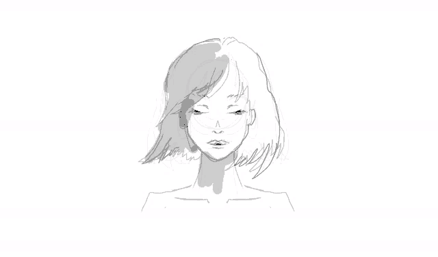 a black and white drawing of a woman 's face and neck
