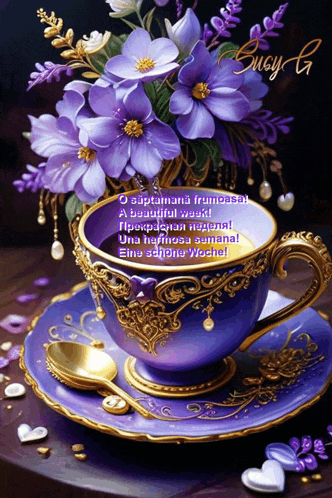 a painting of purple flowers and a cup of coffee with a spoon on a saucer