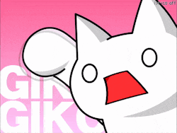 a cartoon cat with a surprised look on its face is on a pink background with the word giko