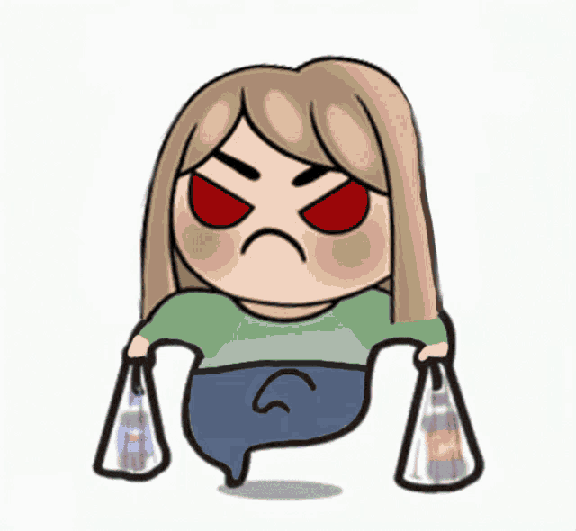 a cartoon drawing of a woman with red eyes holding two bags