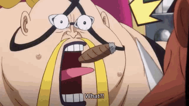 a man with glasses and a mustache is holding a cigar in his mouth and says `` what ? ''
