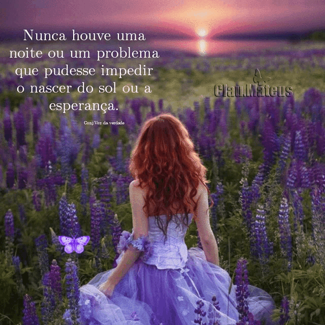 a woman in a purple dress is standing in a field of flowers