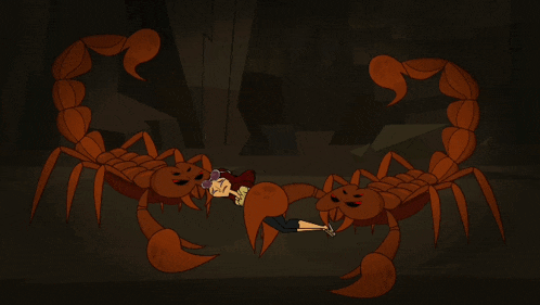 a girl is surrounded by scorpions in a dark room