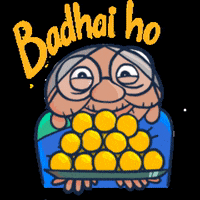 a cartoon of an elderly woman holding a tray of yellow balls with the words badhai ho written above her