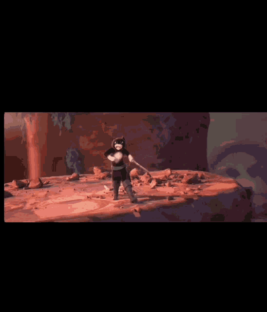 a cartoon character is standing on one leg on a rock