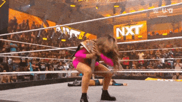 a woman in a pink outfit is wrestling another woman in a wrestling ring .
