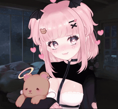 a girl with pink hair is holding a teddy bear and has a cross in her hair