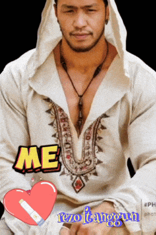 a man wearing a hooded shirt has the word me on his shirt