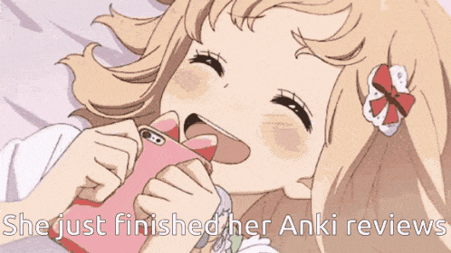a cartoon of a girl laying on a bed with the words " she just finished her anki reviews "