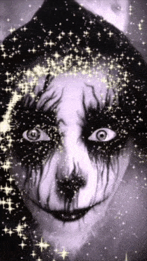 a black and white drawing of a clown with stars around his face
