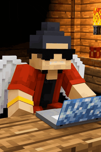 a minecraft character is sitting at a desk with a laptop