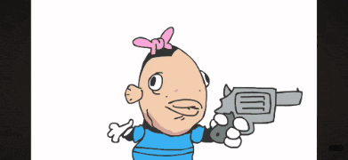 a cartoon character is holding a gun and has a pink bow on his head