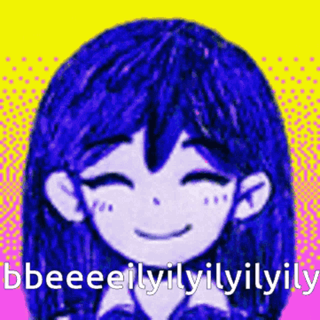 a drawing of a girl with blue hair and the words bbeeeilyilyilyily