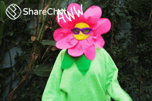 a person wearing a flower costume with sunglasses and the words sharechat written on it