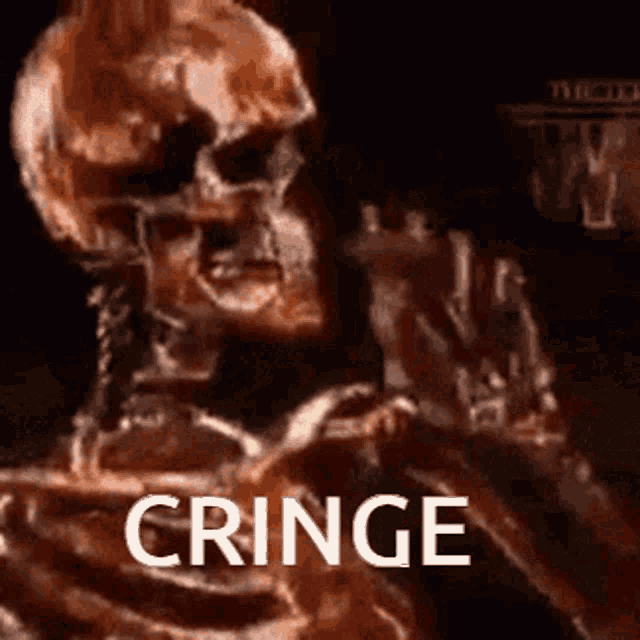 a skeleton with the word cringe on it 's face .