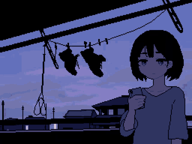 a pixel art drawing of a girl holding a phone