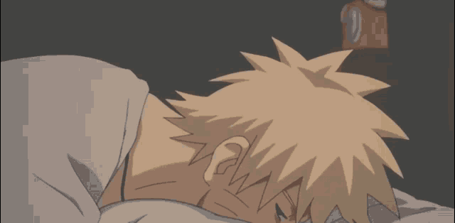 a cartoon character laying in bed with a red alarm clock behind him
