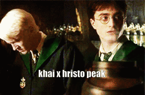 two harry potter characters are standing next to each other with the caption khai x hristo peak