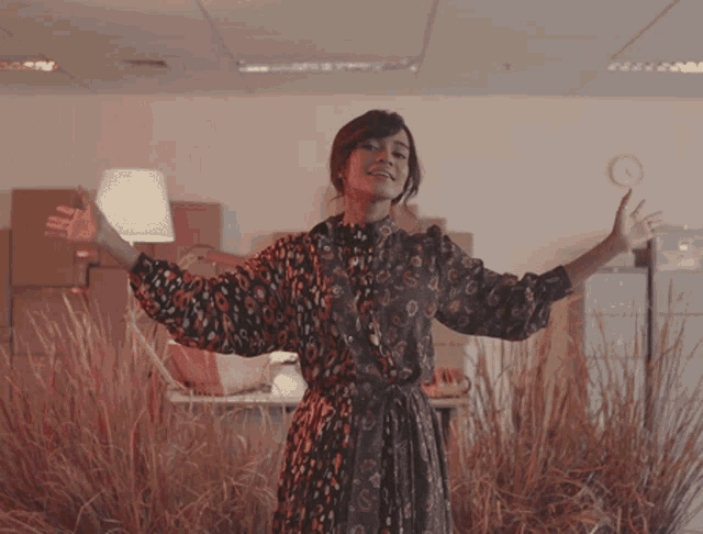 a woman in a dress is standing in a room with boxes and tall grass
