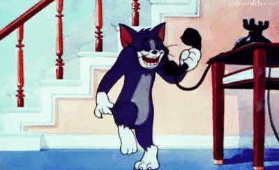 a cartoon cat is talking on a telephone while walking down the stairs .