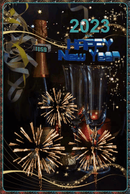 a new year greeting card with a bottle of champagne and fireworks