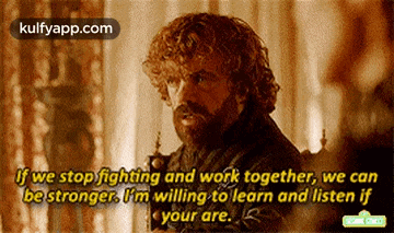 a man with curly hair and a beard is sitting in a chair with a quote from game of thrones .