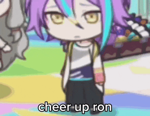 a cartoon character says cheer up ron while standing on a colorful floor