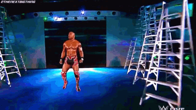 a man in a wrestling outfit is standing on a stage with ladders