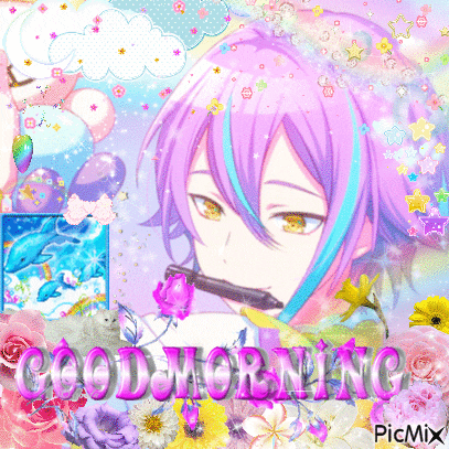 a picture of a girl with purple hair and the words " good morning "