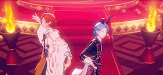 two anime characters are dancing on a red carpet in a room .