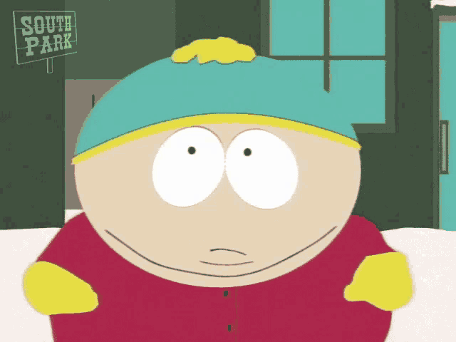 a cartoon character with a sign that says south park on it