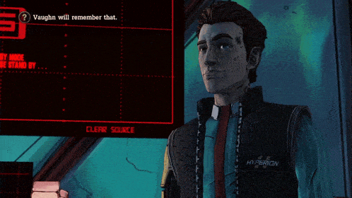 a man in a hyperion vest stands in front of a screen that says " vaughn will remember that "