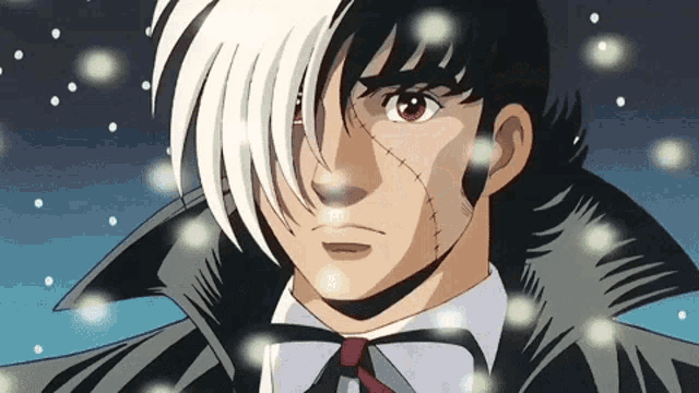 a close up of a cartoon character with white hair