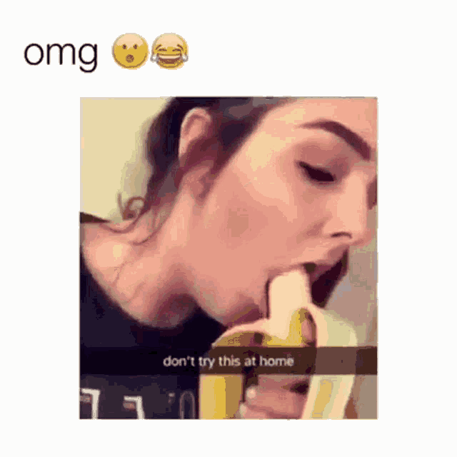 a woman is biting into a banana with a caption that says omg