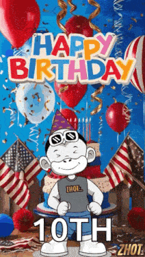 a cartoon monkey is standing in front of a cake and balloons .