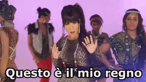 a woman in a leopard print top stands in front of a group of women with the words questo e il mio regno above her