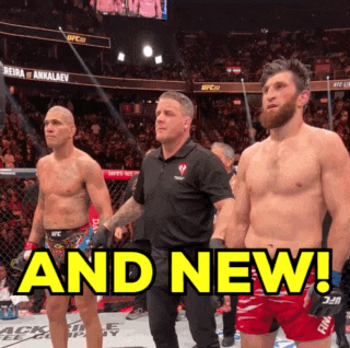 a referee stands between two fighters in a ring with the words and new written on the bottom