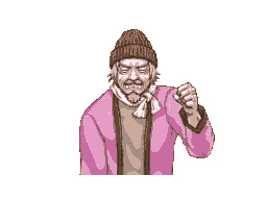 a pixel art drawing of a man with a beard wearing a pink jacket and a hat .