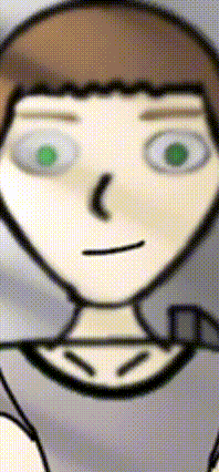 a cartoon drawing of a man with green eyes