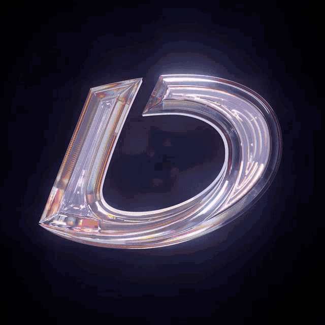the letter d is made of clear glass on a dark background
