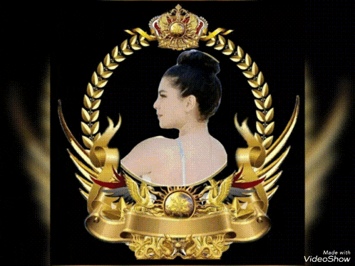 a picture of a woman in a gold frame with the words made with videoshow on the bottom