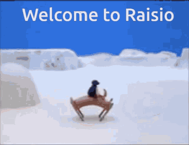 a cartoon says welcome to raisio with a penguin sitting at a table