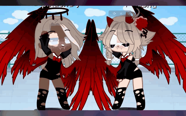a girl with red wings is standing next to a boy with a halo