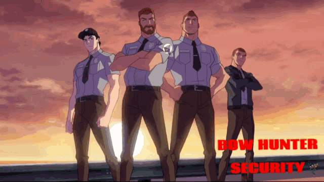 a group of men standing next to each other with the words bow hunters security written on the bottom