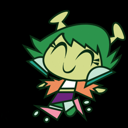 a cartoon drawing of a girl with green hair and a purple shirt