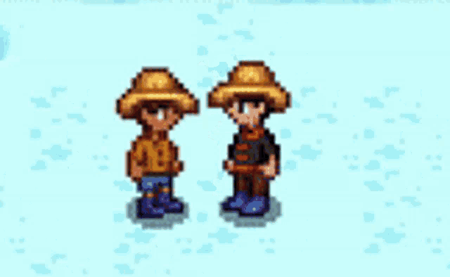 two pixel art characters standing next to each other on a snowy field .