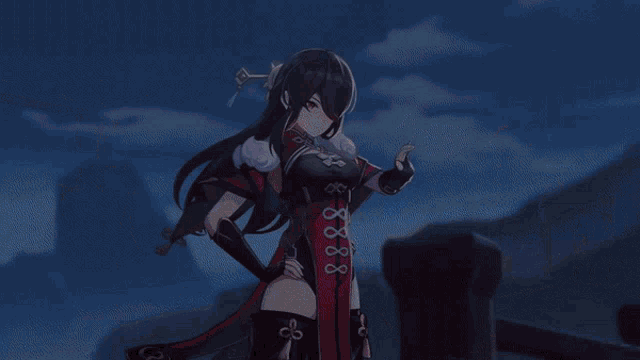 a girl in a red and black outfit with a sword and the number 88 on her sleeve