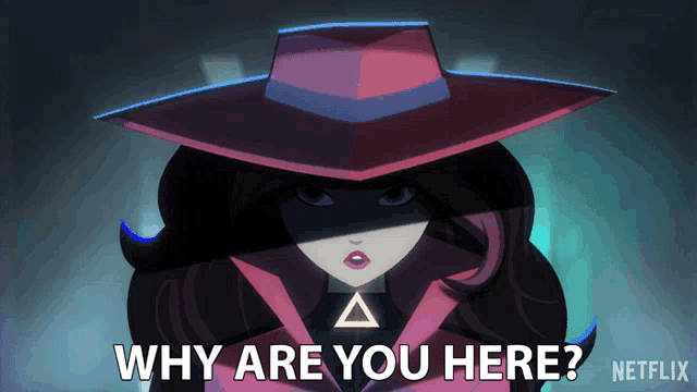 a cartoon of a woman with the words " why are you here " on the bottom