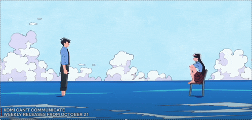 a poster for komi can 't communicate shows a man and a woman standing in the water